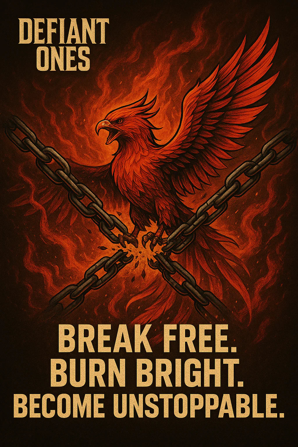 Phoenix Chain Breaker emblem streetwear image symbolising rebirth, resilience, broken chains and relentless hustle