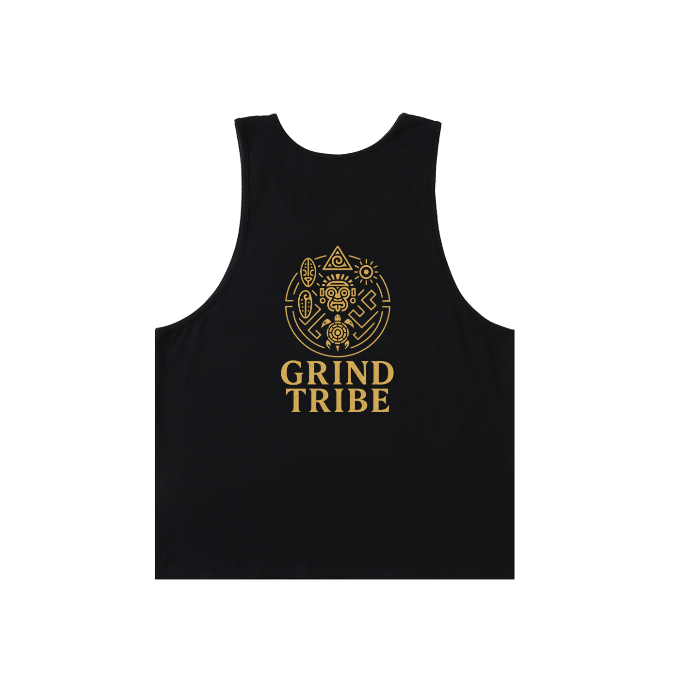 Black tank top with 'Grind Tribe' logo on a white background