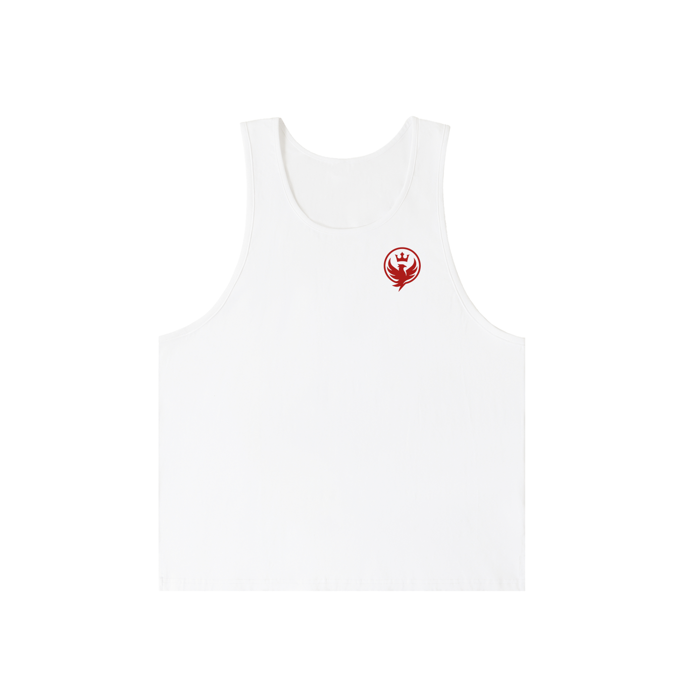 White tank top with a red logo on a white background