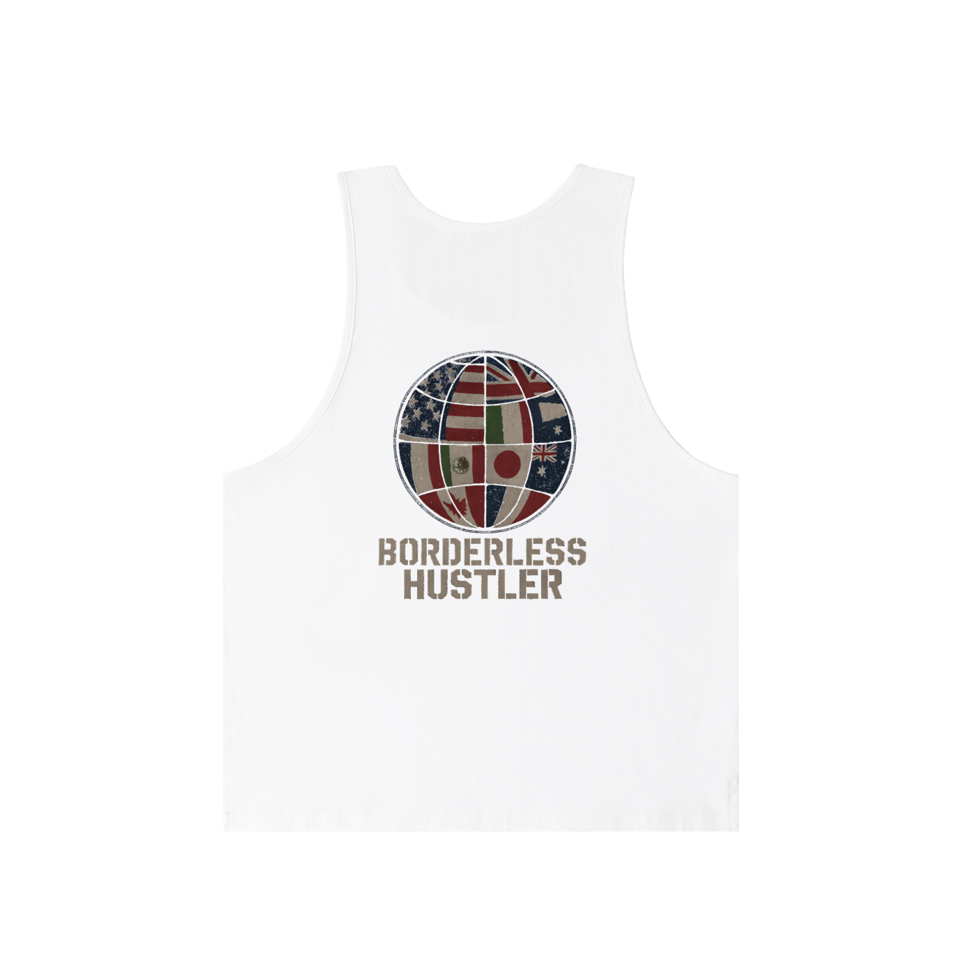 White tank top with a 'Borderless Hustler' graphic on a white background
