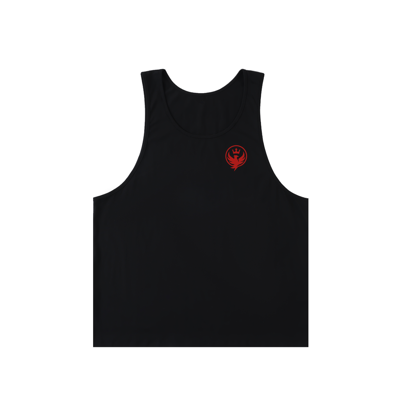 Black tank top with a red logo on a white background