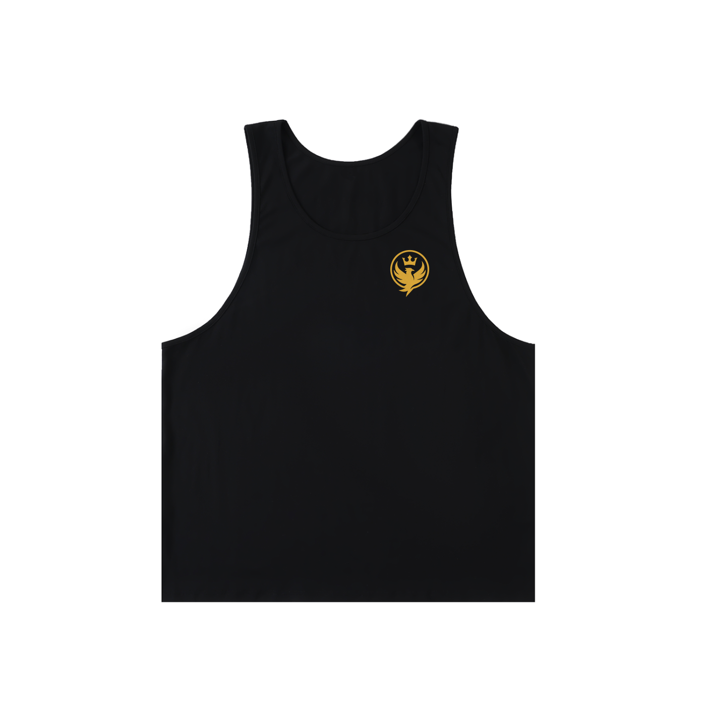 Black tank top with a yellow logo on a white background