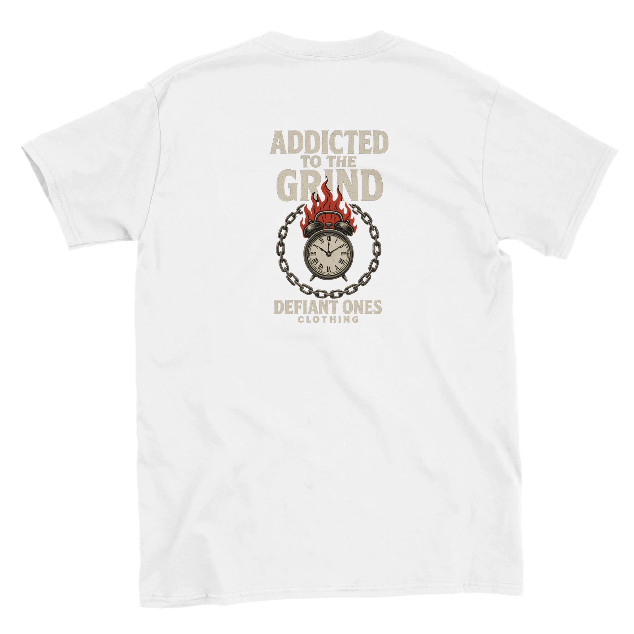 White Addicted to the Grind kids tee – large rear graphic