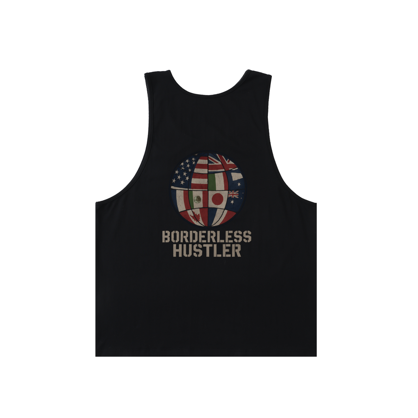 Black tank top with 'Borderless Hustler' design on a white background