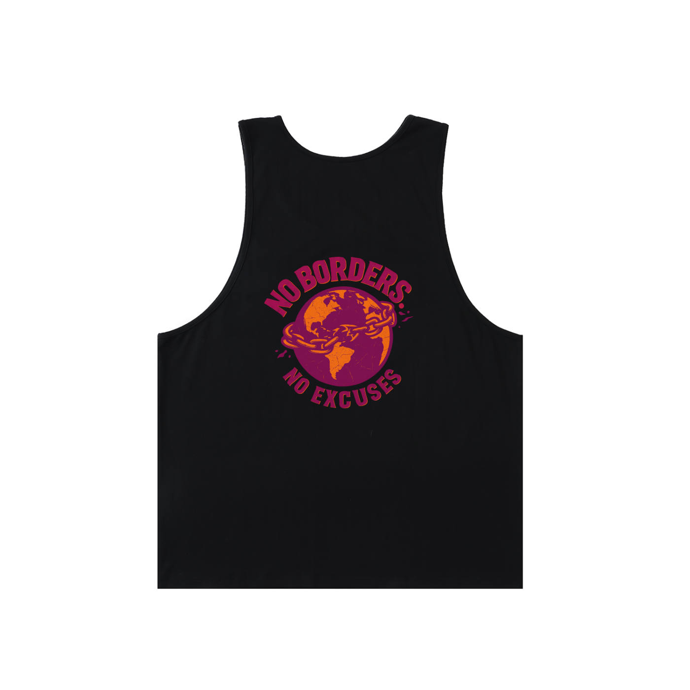Black tank top with purple graphic and text on a white background
