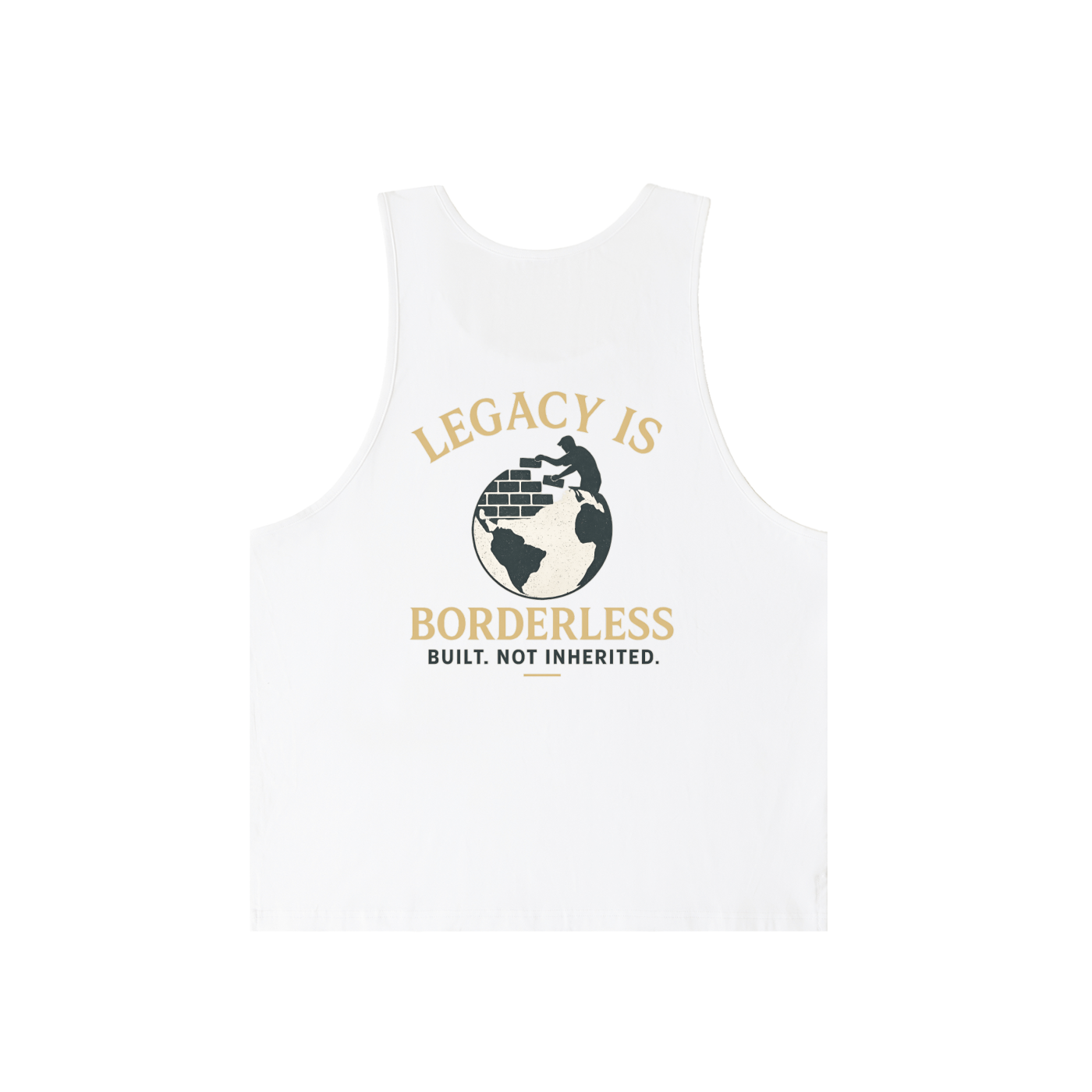 White tank top with a graphic design and text on a white background