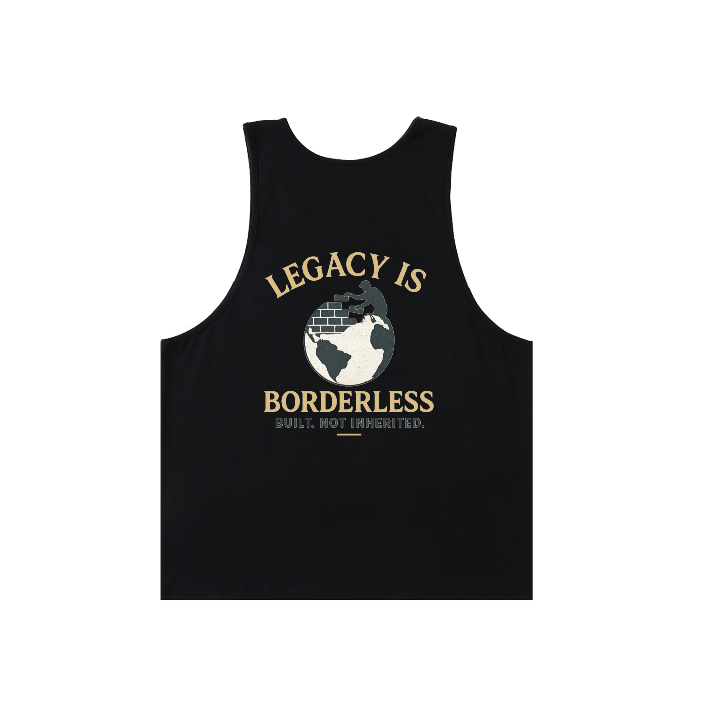 Black tank top with gold text and graphic on a white background