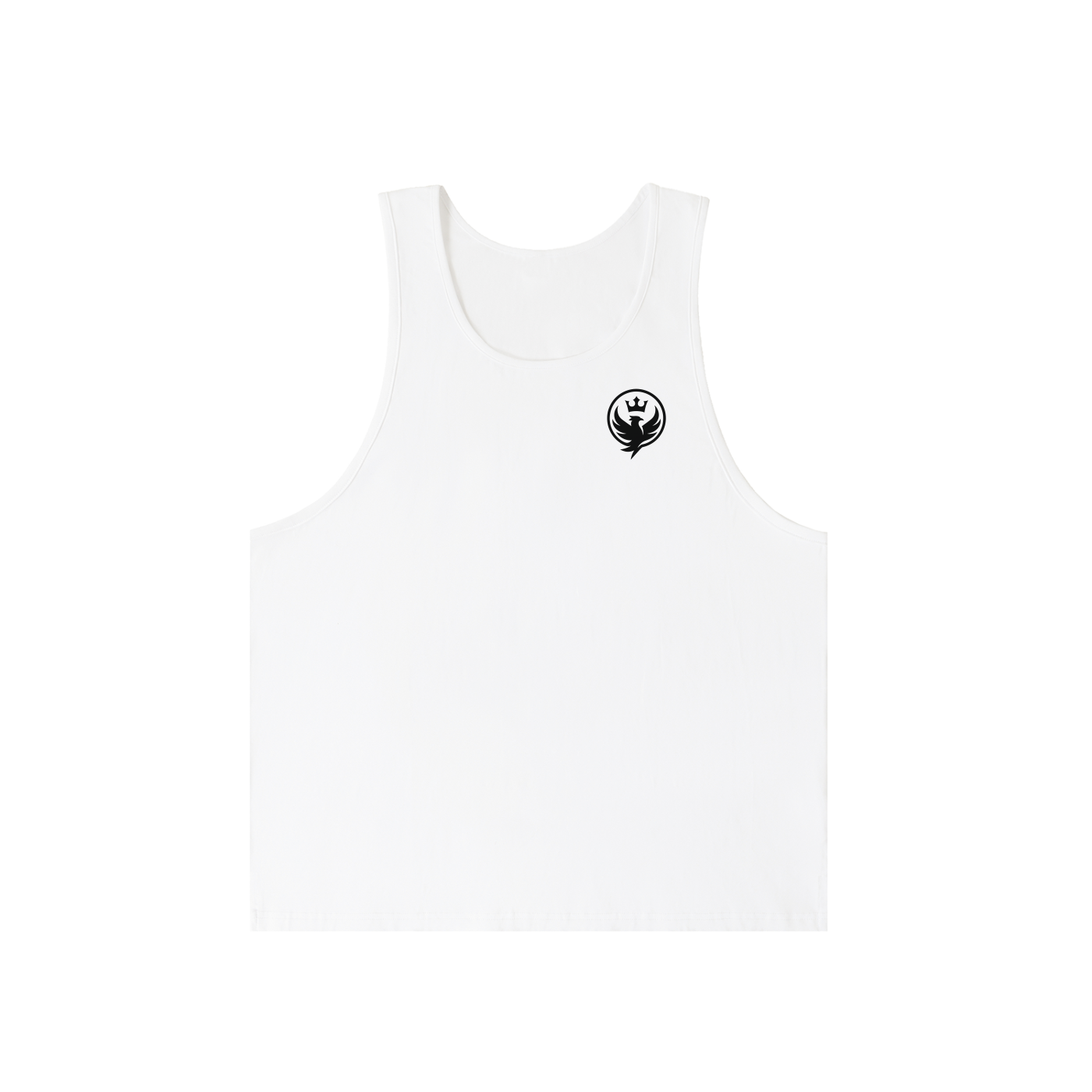 White tank top with a black logo on a white background