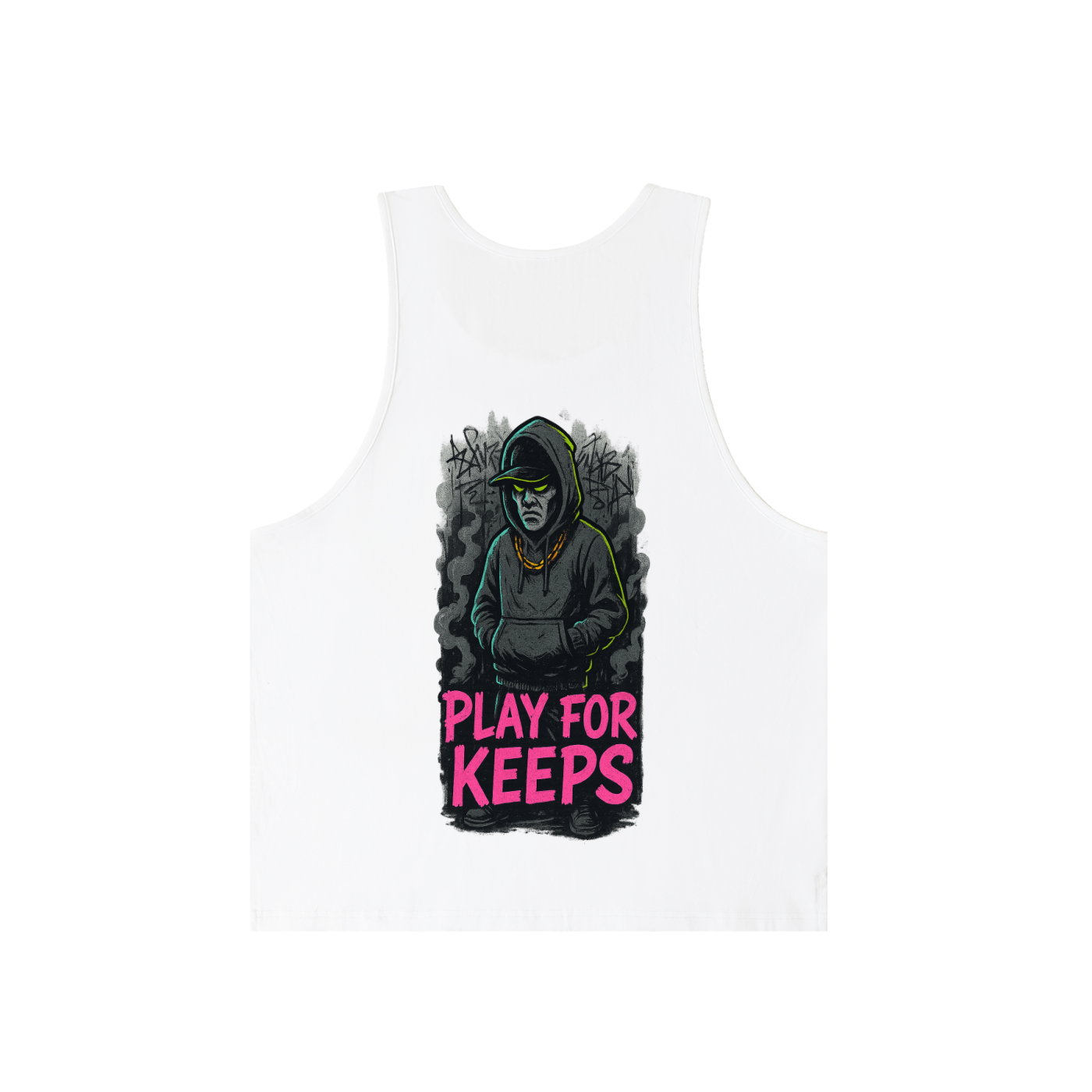 White tank top with graphic design and text 'Play for Keeps' on a white background