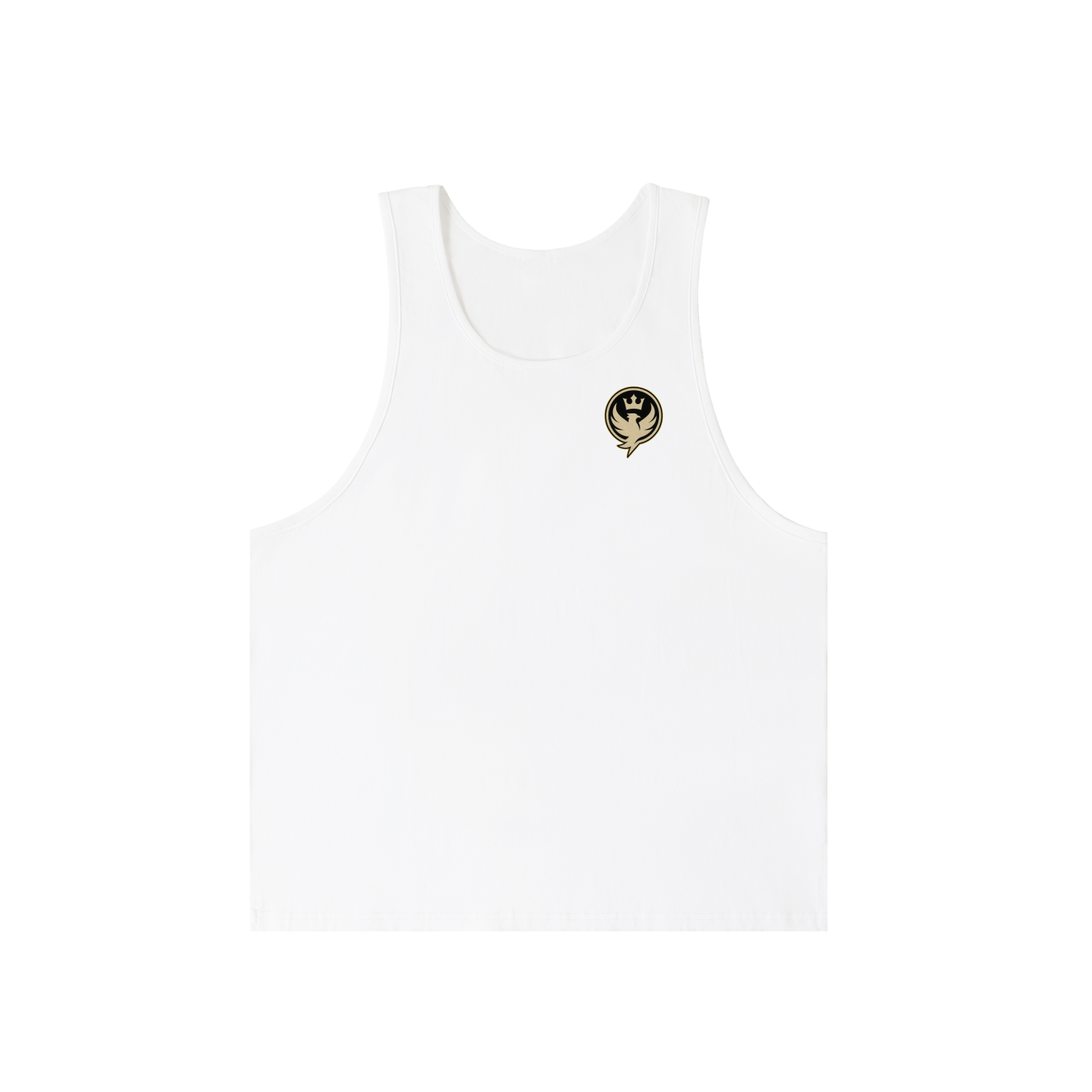 White tank top with a small logo on a white background