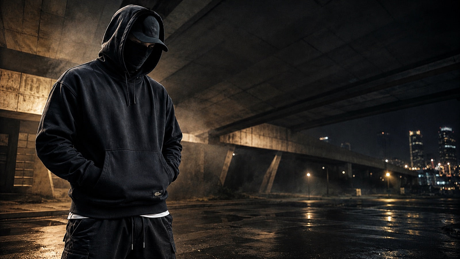 Defiant Ones premium black streetwear hero under an urban overpass