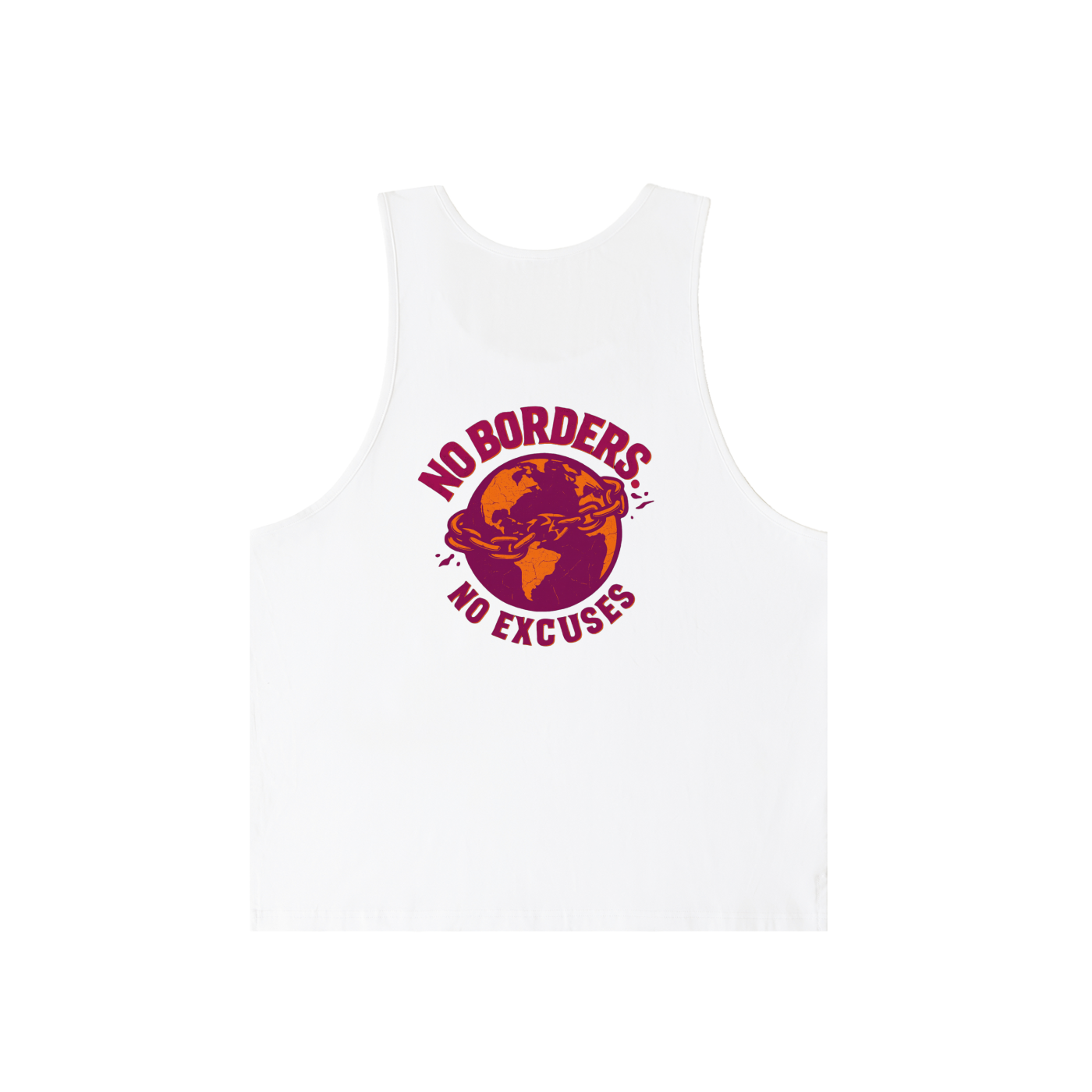 White tank top with 'No Borders No Excuses' graphic on a white background