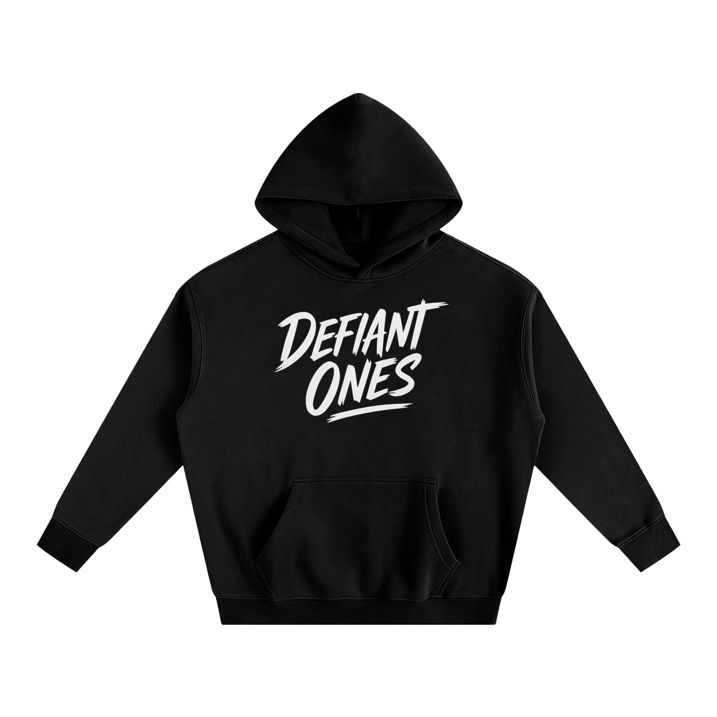 Black hoodie with 'Defiant Ones' text on a white background